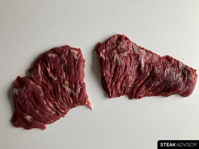 A bavette steak, split into two cuts