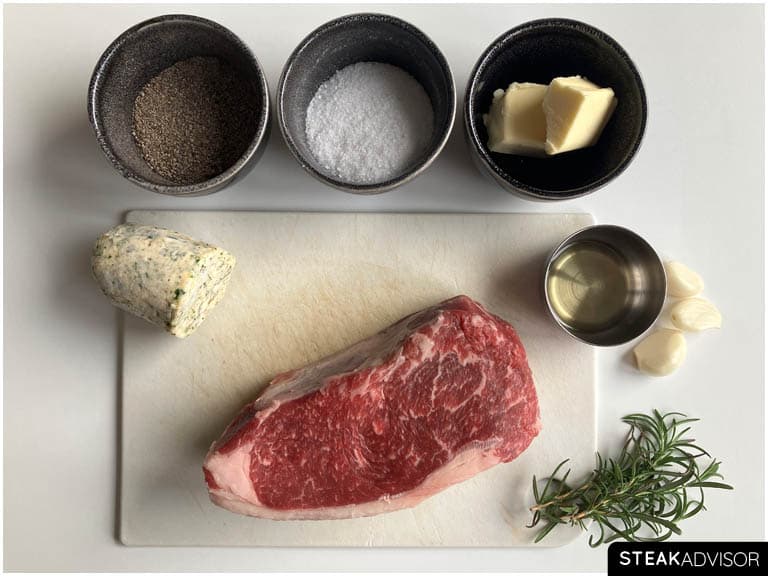 All ingredients for a reverse seared steak horizontal view