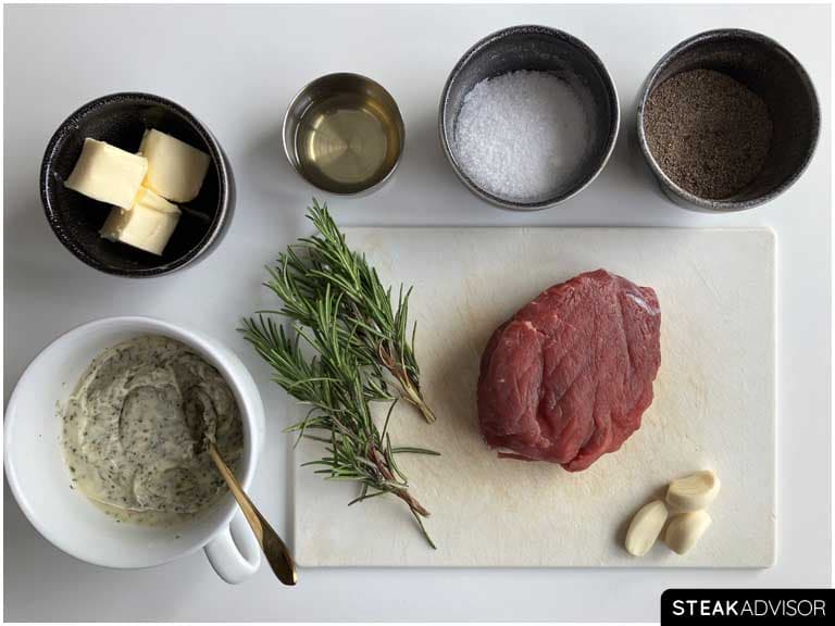 All ingredients needed for a sous vide steak recipe horizontal view