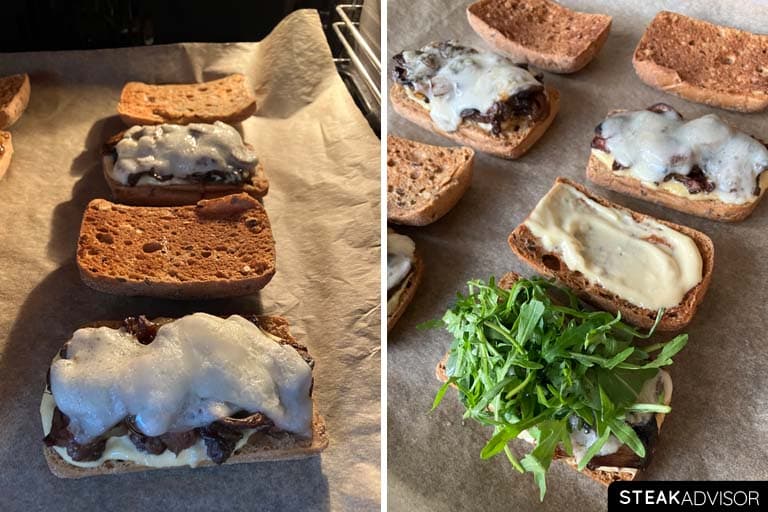 Assembling a steak sandwich with aioli sauce and fresh arugula.