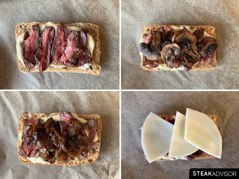 Assembling a steak sandwich with aioli, sliced steak, sauteed mushrooms, caramelized onions, and ciabatta bread.