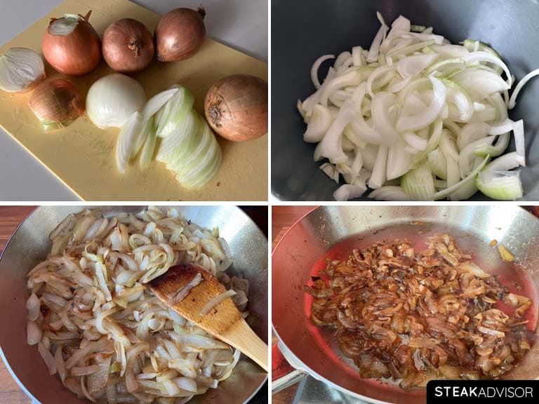 Step-by-step process showing how to caramelize onions until golden brown.