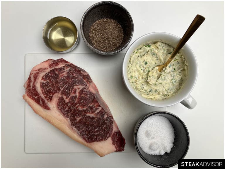 Cast iron skillet steak recipe ingredients horizontal view