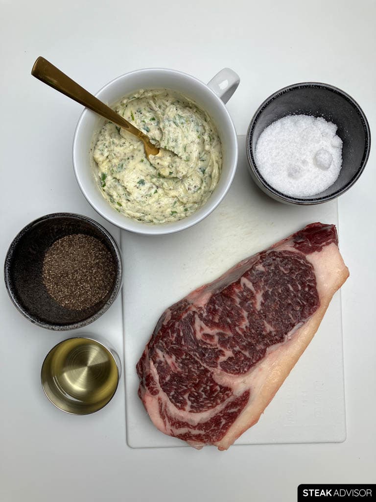Ingredients: garlic herb compound butter, refined avocado oil, black pepper, kosher salt, and steak.
