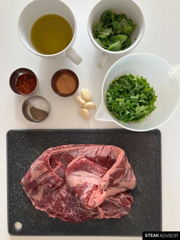 Ingredients: Black pepper, steak, garlic cloves, salt, parsley, red wine vinegar, olive oil, refined avocado oil, oregano, and red pepper flakes