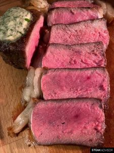 Evenly cooked steak using the front-sear-first, then oven-finish method.