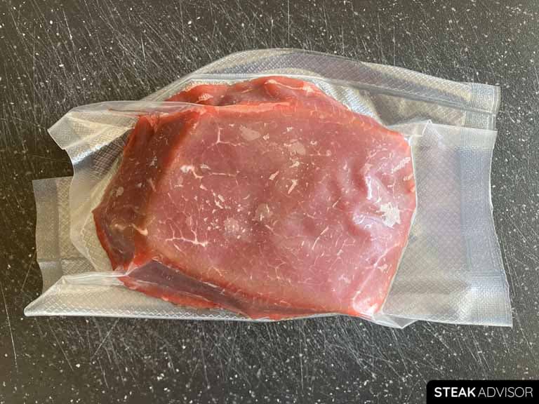 Eye of round steaks thawed overnight in the refrigerator