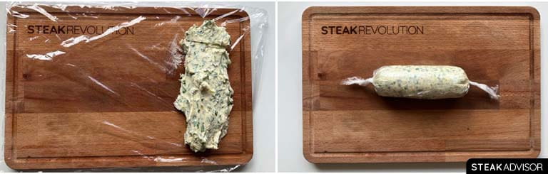 Forming garlic herb compound butter into a log