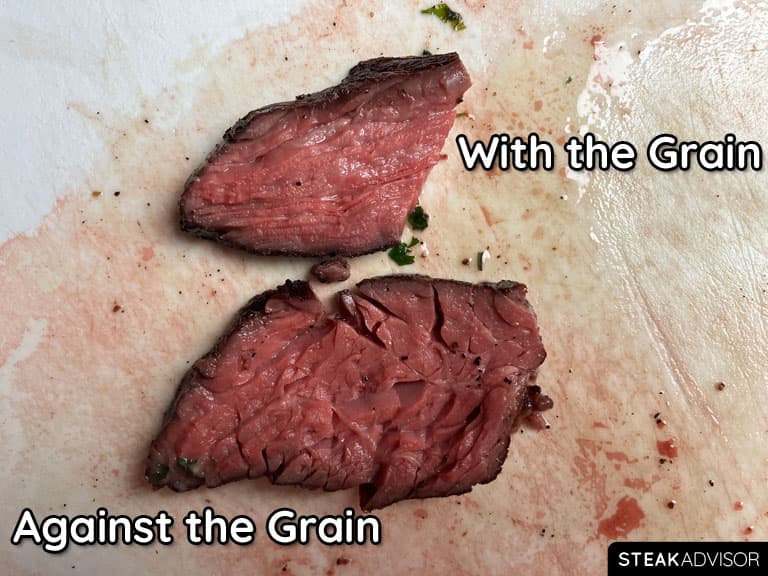 Hanger steak sliced against and along the grain