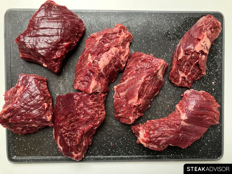 Hanger steak trimmed and portioned into smaller pieces.