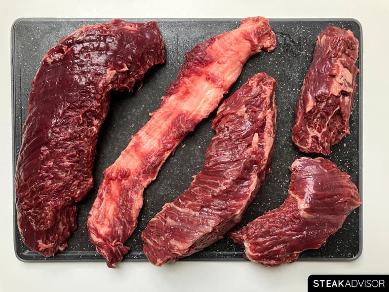 Trimmed hanger steak with the center sinew removed.
