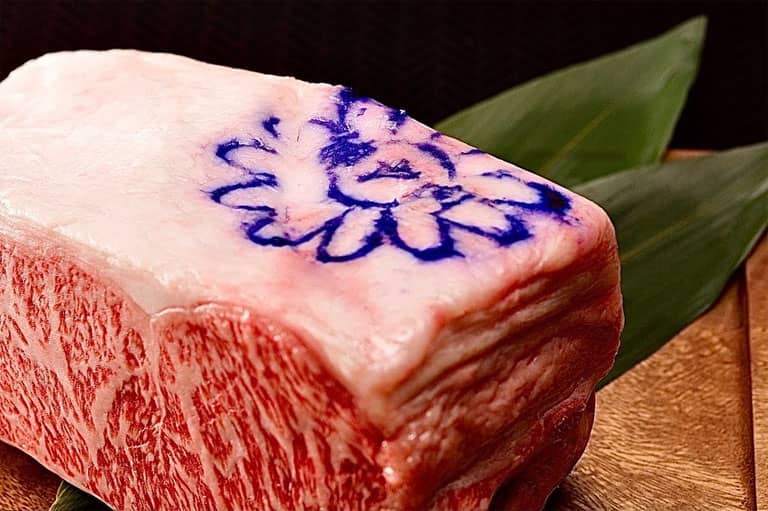 Kobe beef marked with a Japanese chrysanthemum stamp
