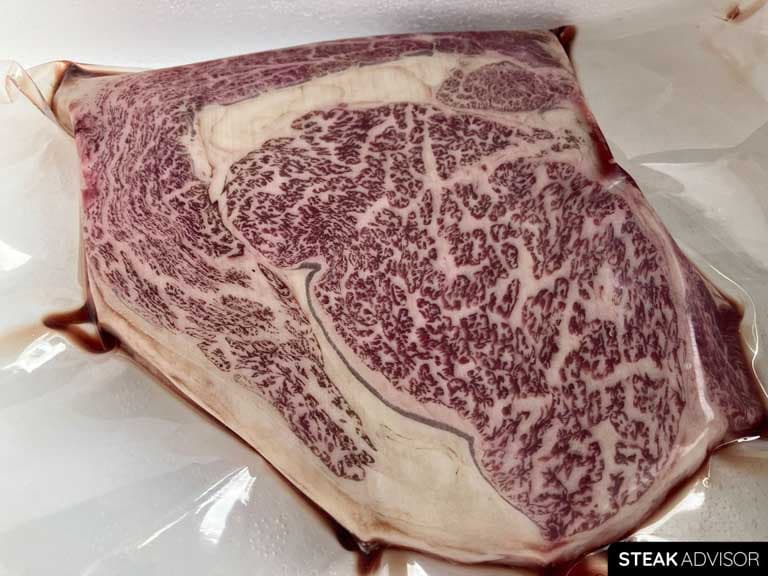 Close-up of Japanese A5 Wagyu ribeye marbling