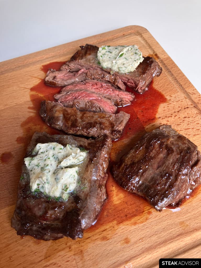 Pan-seared outside skirt steak with compound butter.