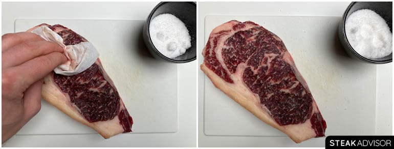 Steak being patted dry and salted before cooking