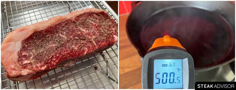 Preheating the pan and Seasoning the Steak