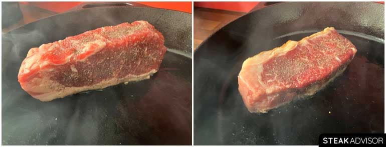 searing steak in a pan
