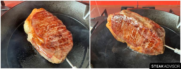 Steak seared over high heat to develop a rich, flavorful crust.