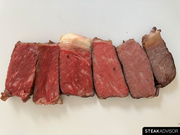Steak doneness levels from blue rare to well-done