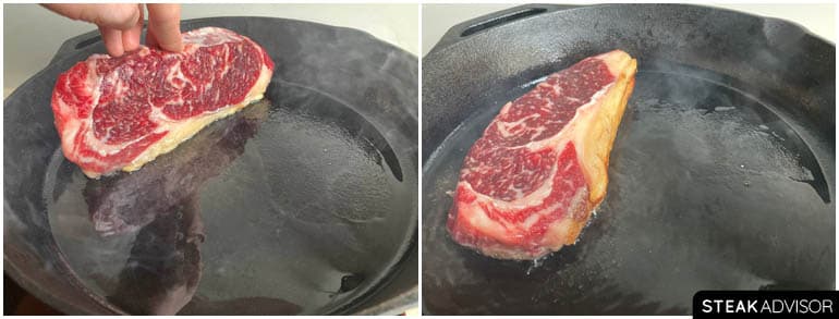Steak searing in a hot cast-iron skillet