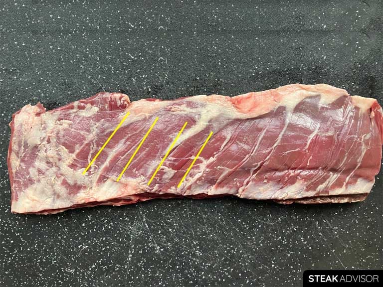 The grain direction in a raw skirt steak