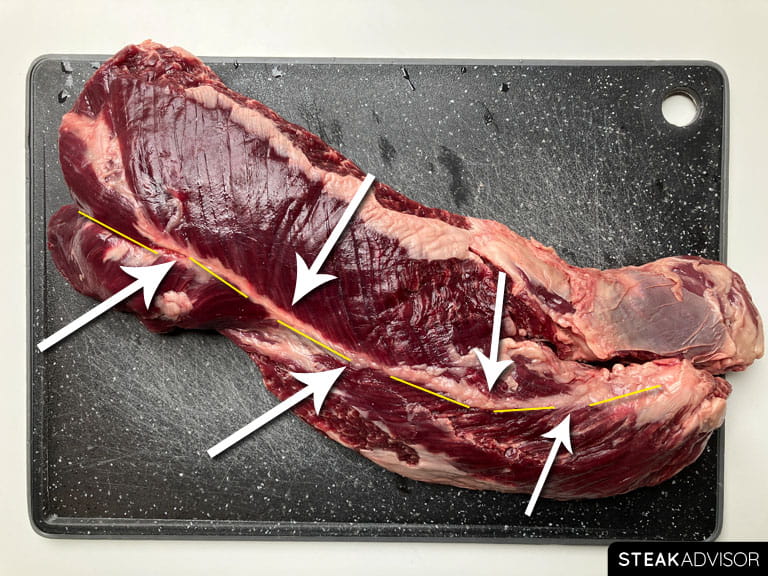 Whole raw hanger steak, partially trimmed.