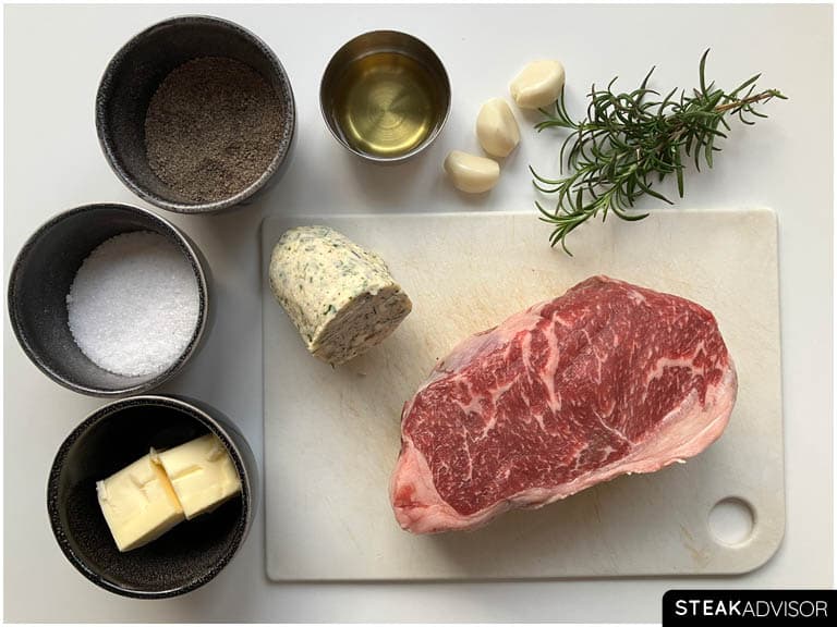 all ingredients for 2 inch thick steak recipe horizontal view