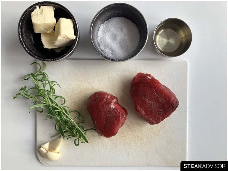 all ingredients for pan seared filet mignon horizontal view
