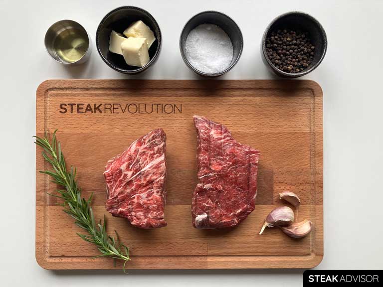 all ingredients for pan seared flat iron steak