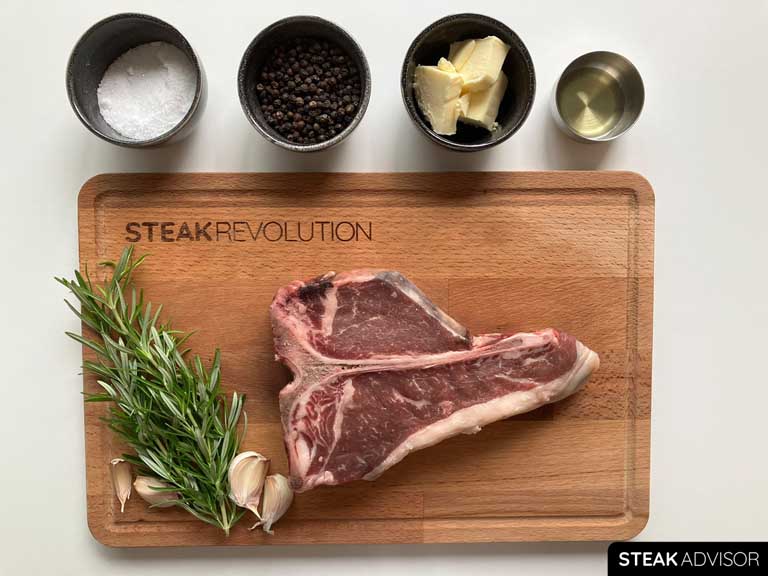 Ingredients: Black pepper, garlic, salt, butter, avocado oil, rosemary, and porterhouse steak