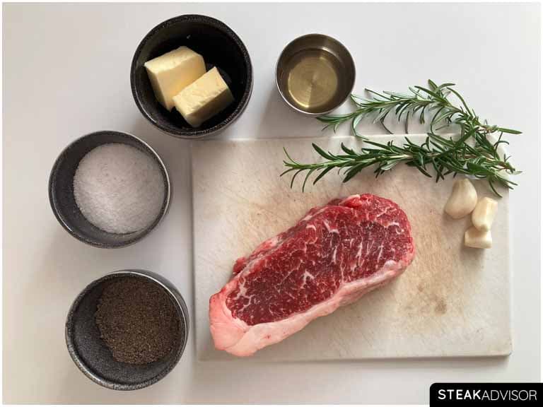 all ingredients for pan seared strip steak horizontal view