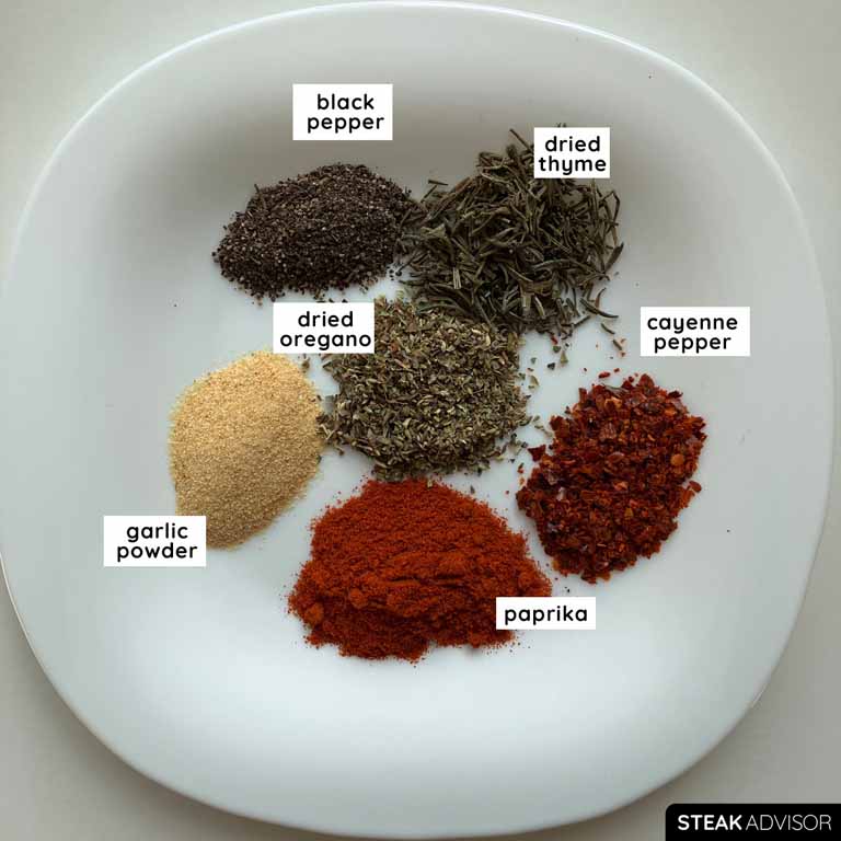 blackening seasoning ingredients: black pepper, dried thyme, dried oregano, garlic powder, cayenne pepper, and paprika