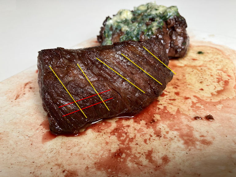 Cooked hanger steak on a cutting board showing the grain direction with yellow lines and the correct cutting angle marked with red lines.