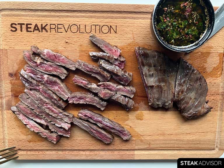 Cooked skirt steak and sliced thin