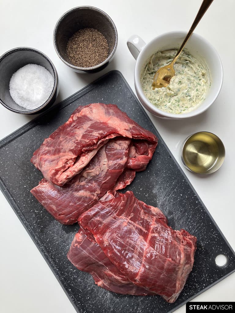 Ingredients for making pan-seared outside skirt steak.