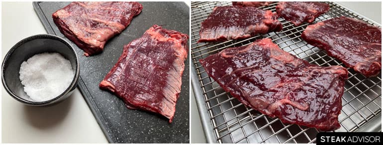 outside skirt steaks seasoned with salt