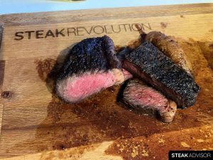 pan-seared blackened steak; medium doneness