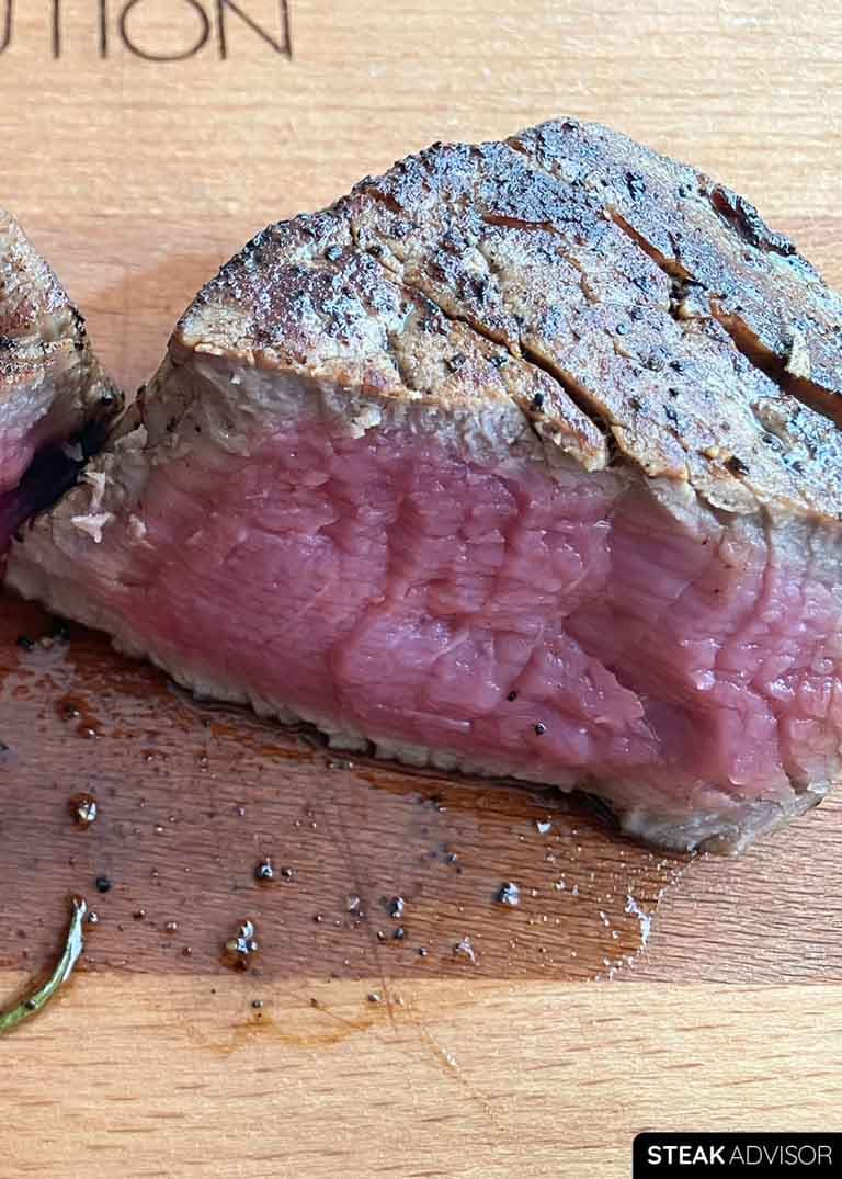 pan-seared filet mignon; rare doneness
