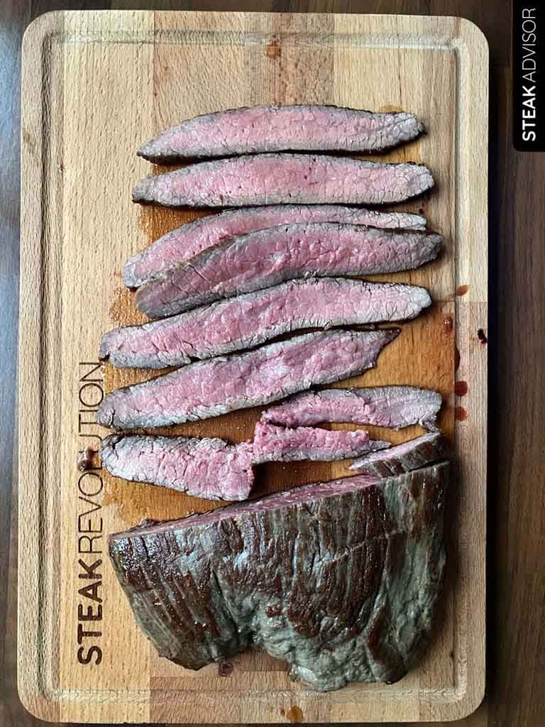 pan seared flank steak cooked to medium rare