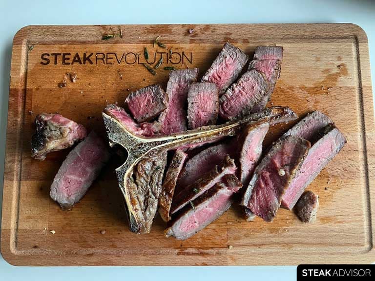 Pan-seared porterhouse steak; medium-rare doneness