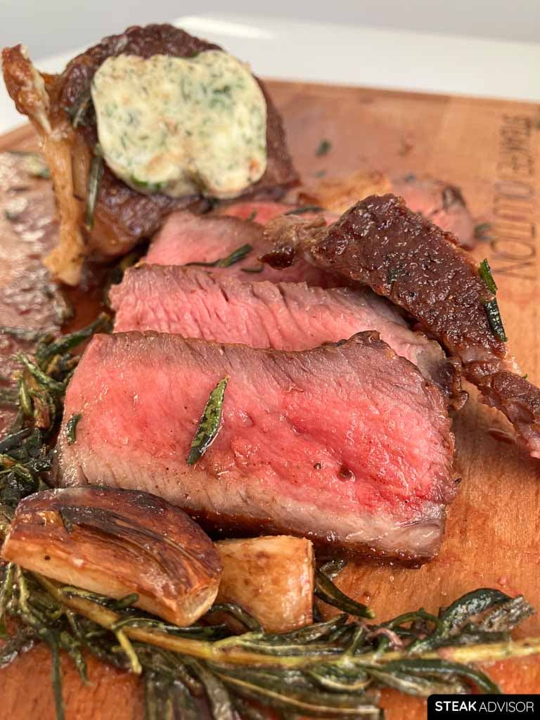 pan-seared strip steak; medium-rare doneness