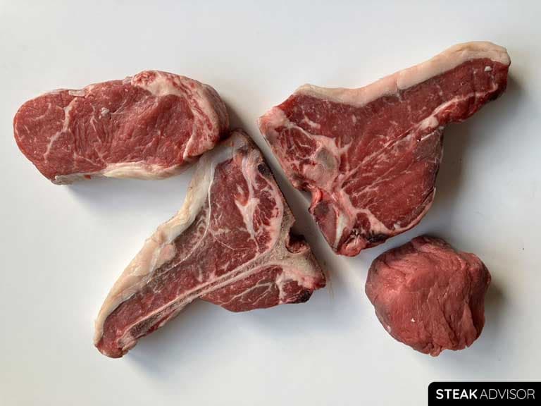 porterhouse, new york strip, t-bone and filet mignon