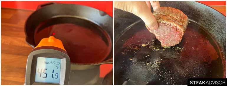 Preheat the pan, then cook the steak to blue doneness steps.