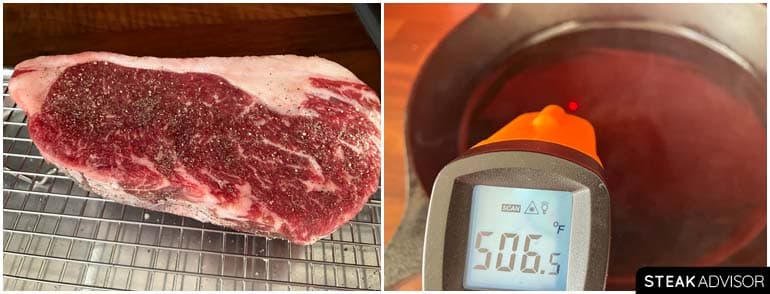 preheat the pan and season steak with black pepper