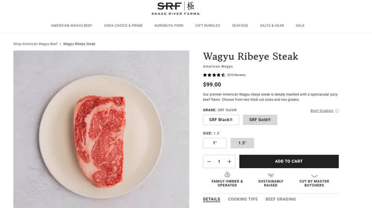 Snake River Farms website showing American Wagyu beef products for sale
