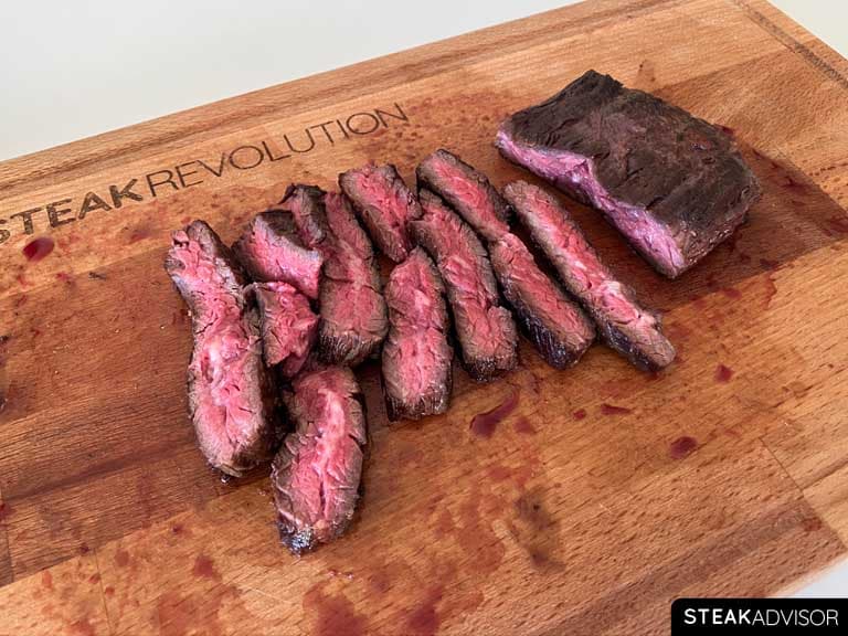 Skirt steak sliced against the grain.